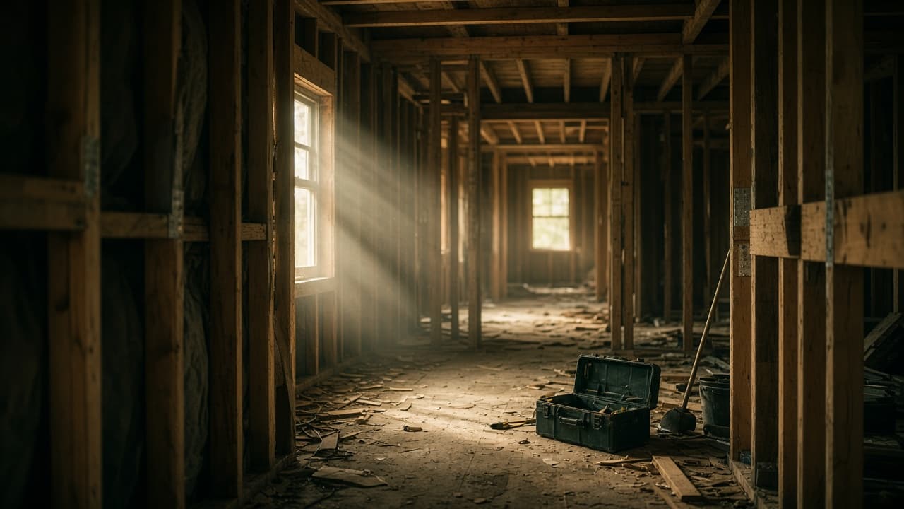 Abandoned renovation interior with unfinished walls and light streaming through