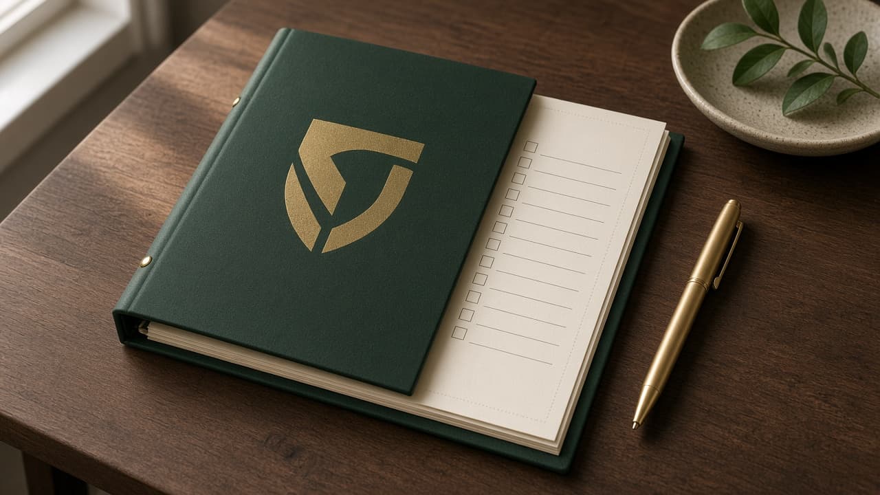 Forest green Deposit Plan binder with gold pen
